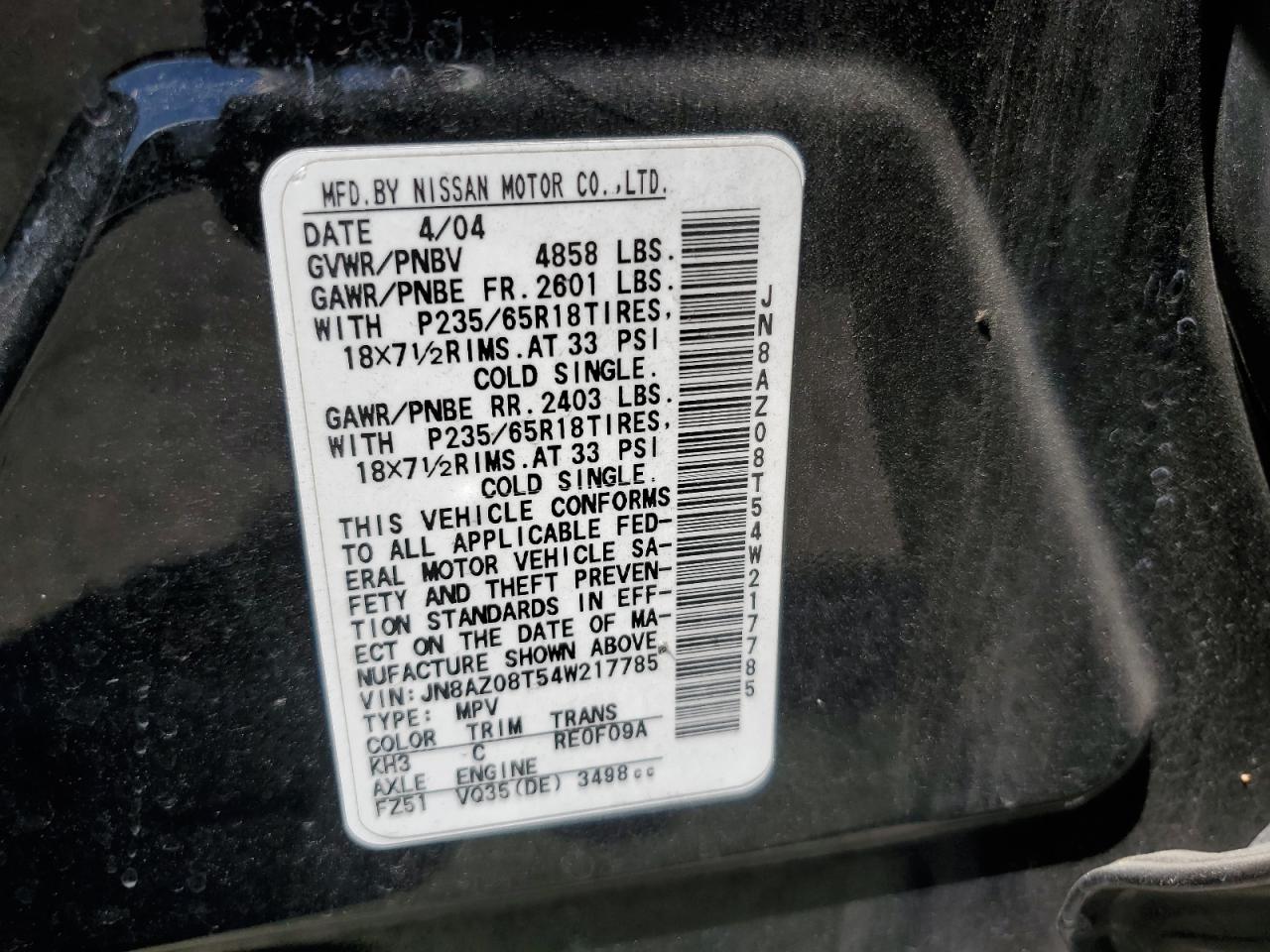 2004 Nissan Murano Sl VIN: JN8AZ08T54W217785 Lot: 65650924