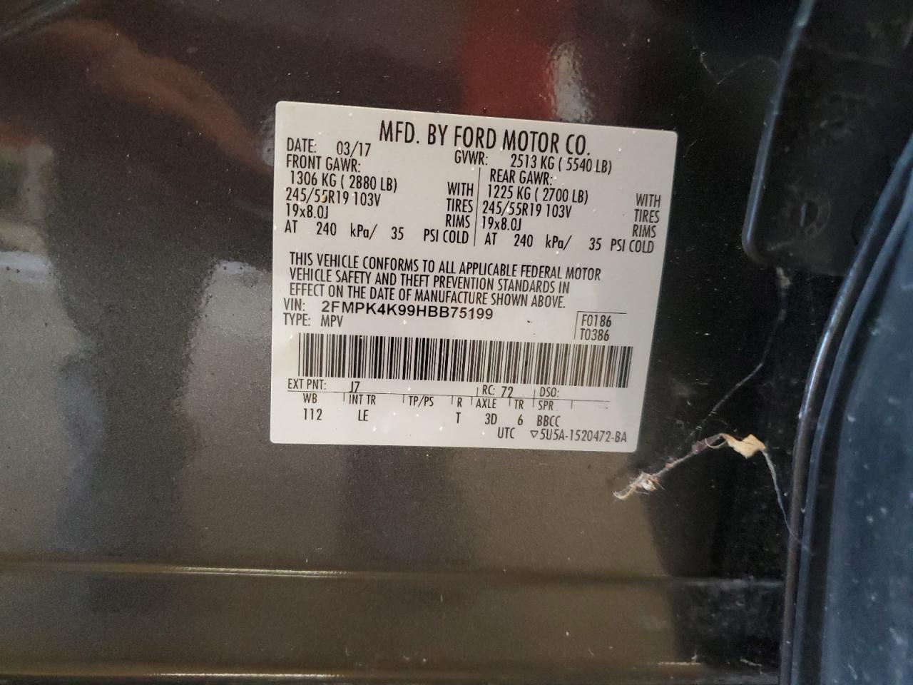 2017 Ford Edge Titanium VIN: 2FMPK4K99HBB75199 Lot: 61394194