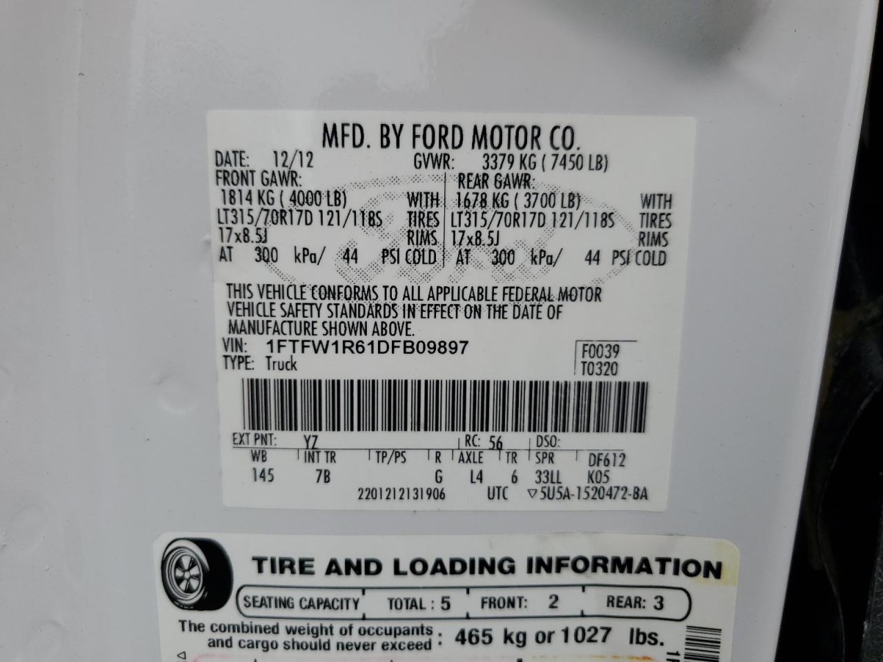 2013 Ford F150 Svt Raptor VIN: 1FTFW1R61DFB09897 Lot: 62761954