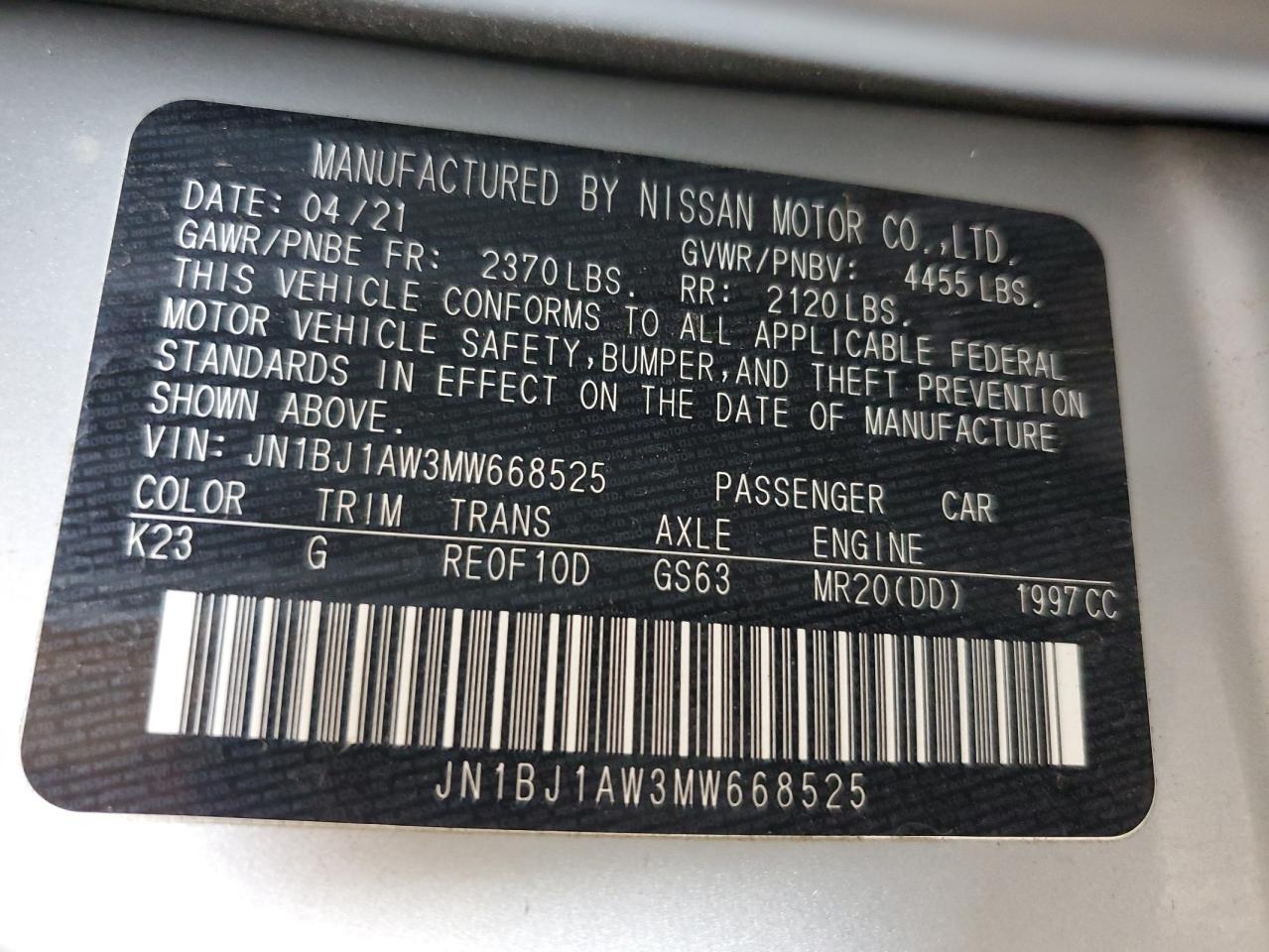 2021 Nissan Rogue Sport S VIN: JN1BJ1AW3MW668525 Lot: 65087994