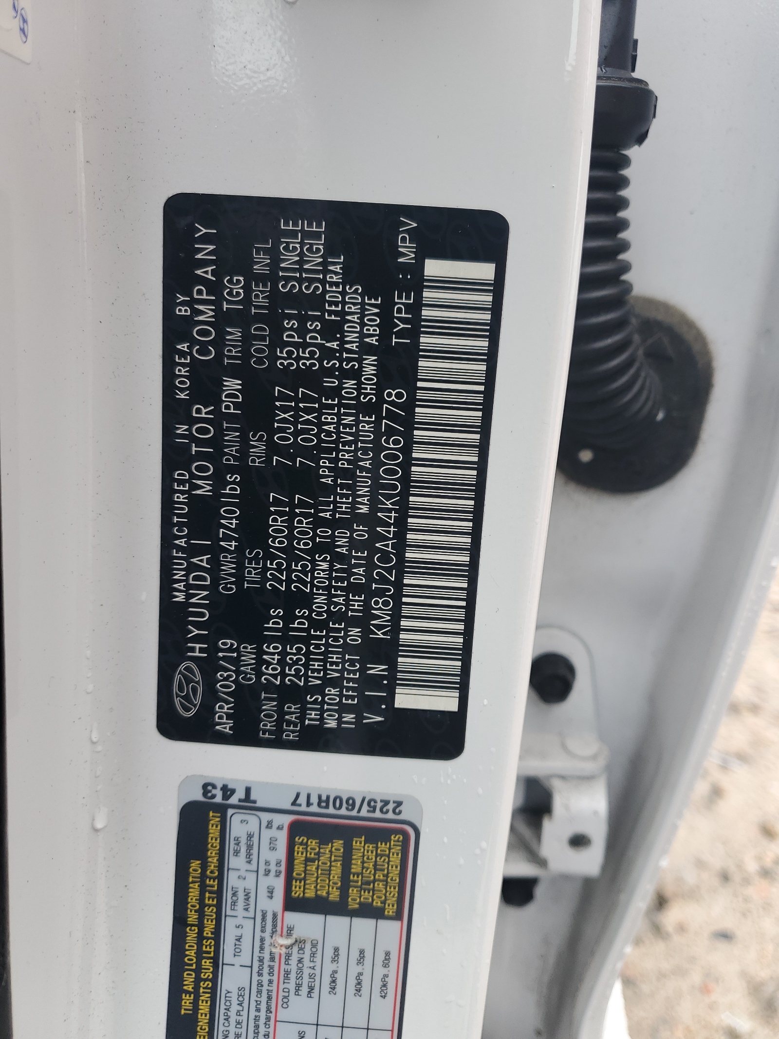 KM8J2CA44KU006778 2019 Hyundai Tucson Se