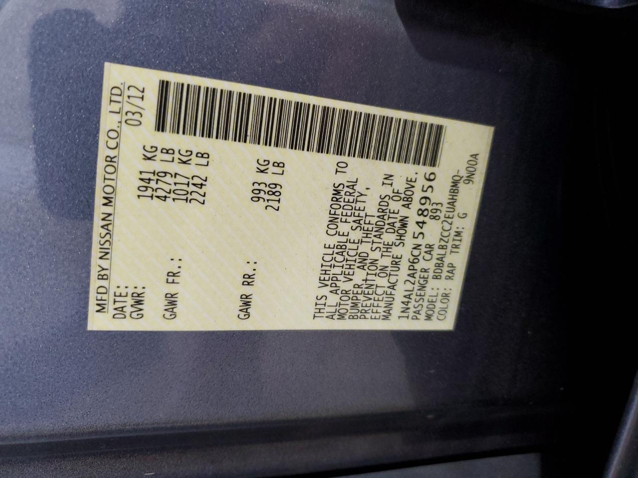 1N4AL2AP6CN548956 2012 Nissan Altima Base