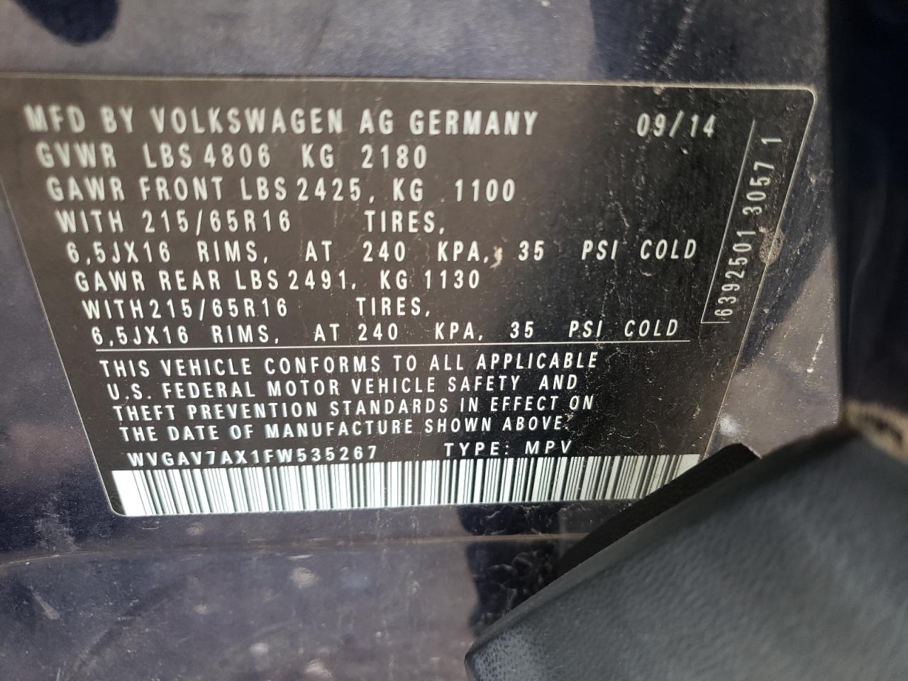 WVGAV7AX1FW535267 2015 Volkswagen Tiguan S