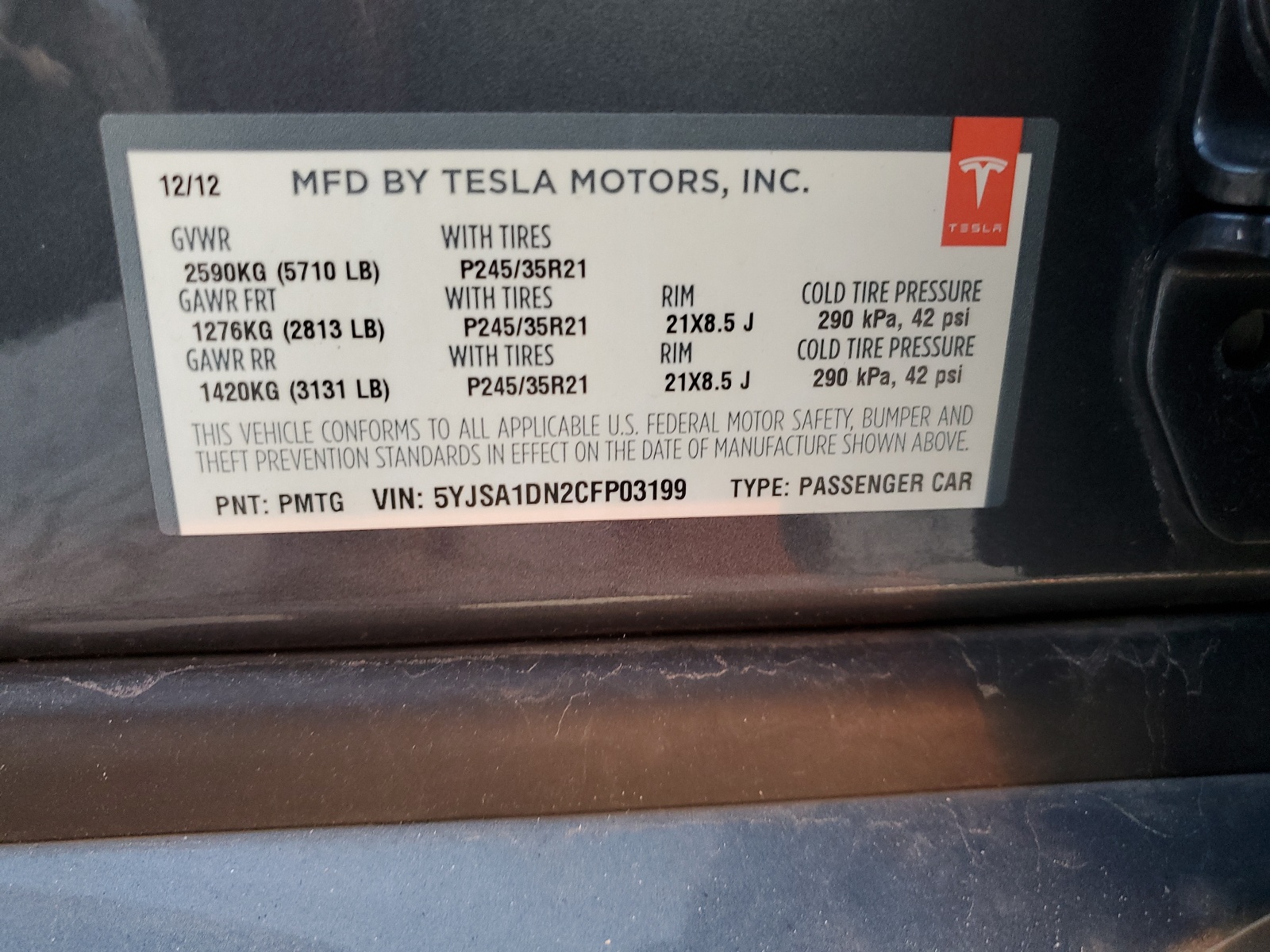 5YJSA1DN2CFP03199 2012 Tesla Model S