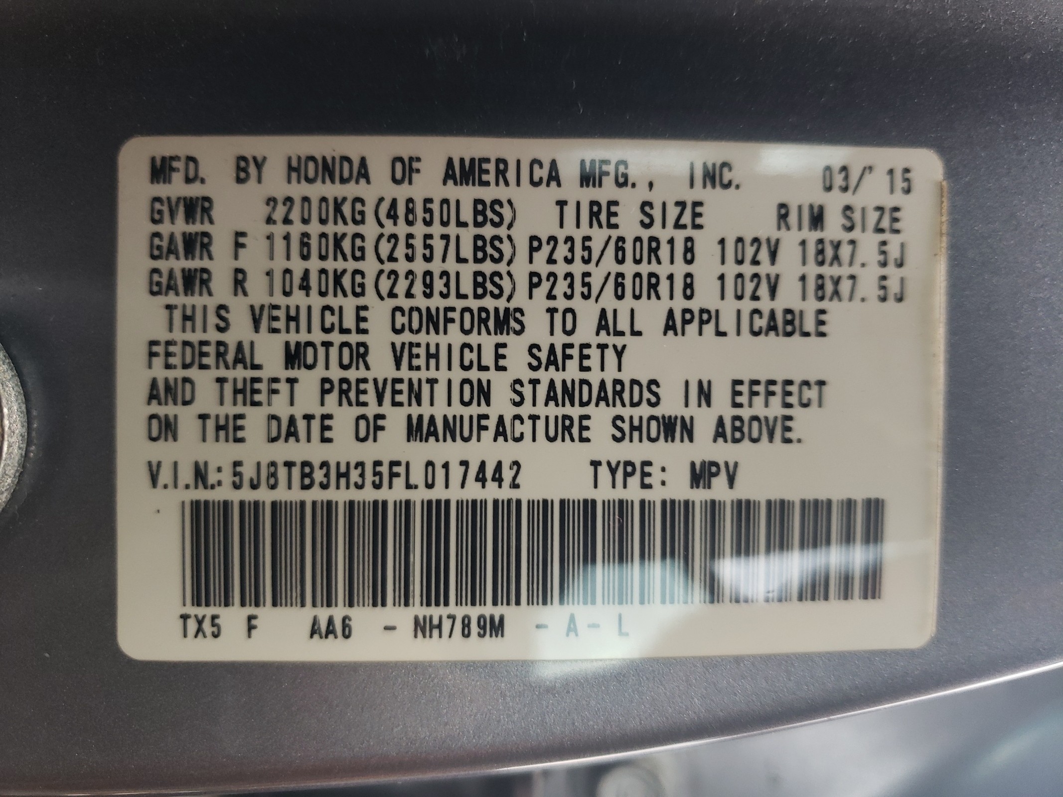 5J8TB3H35FL017442 2015 Acura Rdx