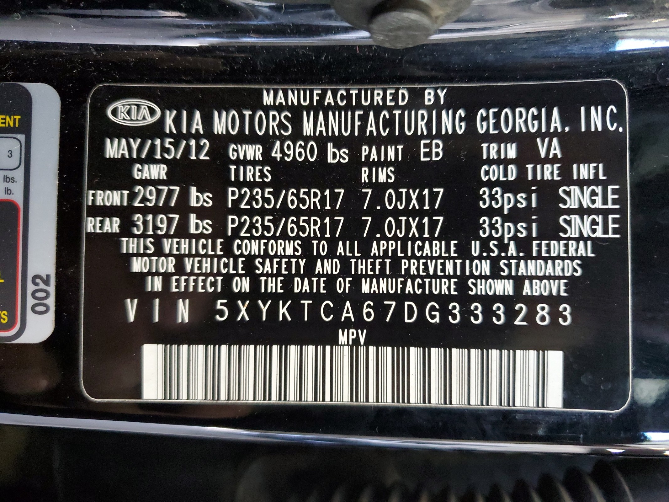 5XYKTCA67DG333283 2013 Kia Sorento Lx