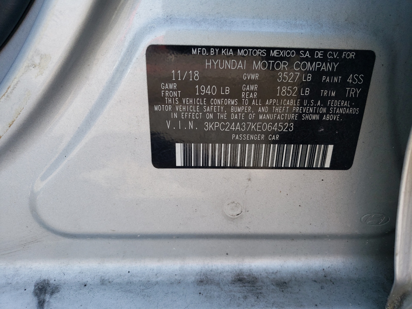 3KPC24A37KE064523 2019 Hyundai Accent Se