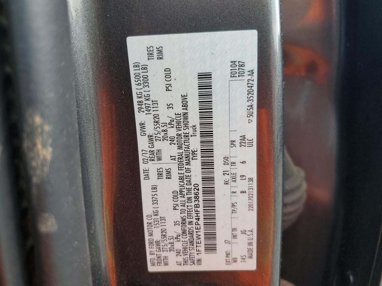 2017 Ford F150 Supercrew VIN: 1FTEW1EP4HFB38620 Lot: 61702394