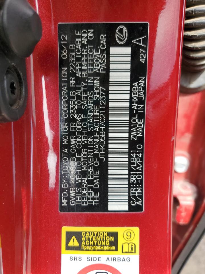 2012 Lexus Ct 200 VIN: JTHKD5BH7C2112377 Lot: 63016584