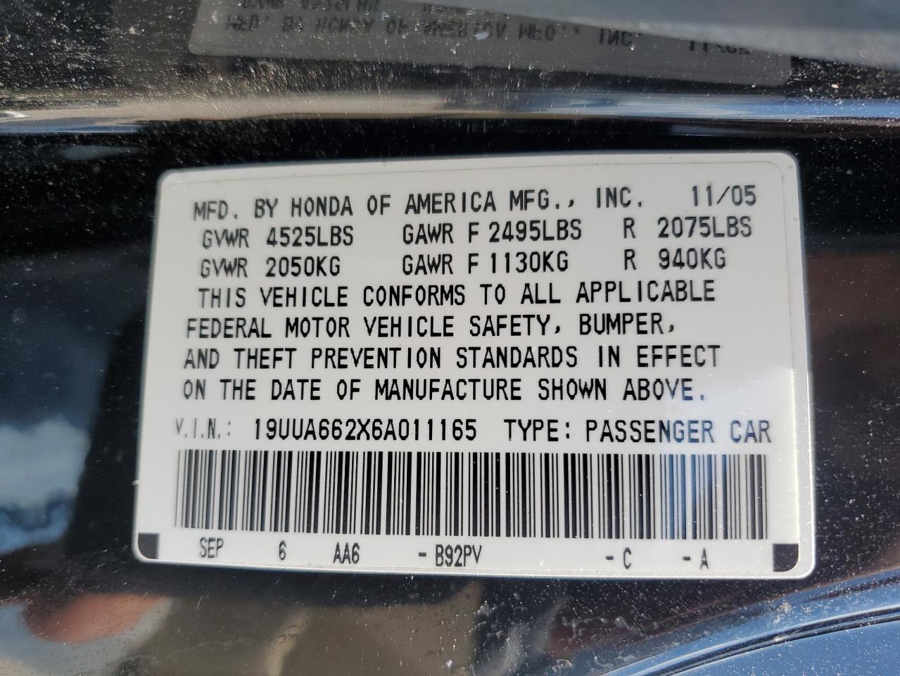 2006 Acura 3.2Tl VIN: 19UUA662X6A011165 Lot: 62633704