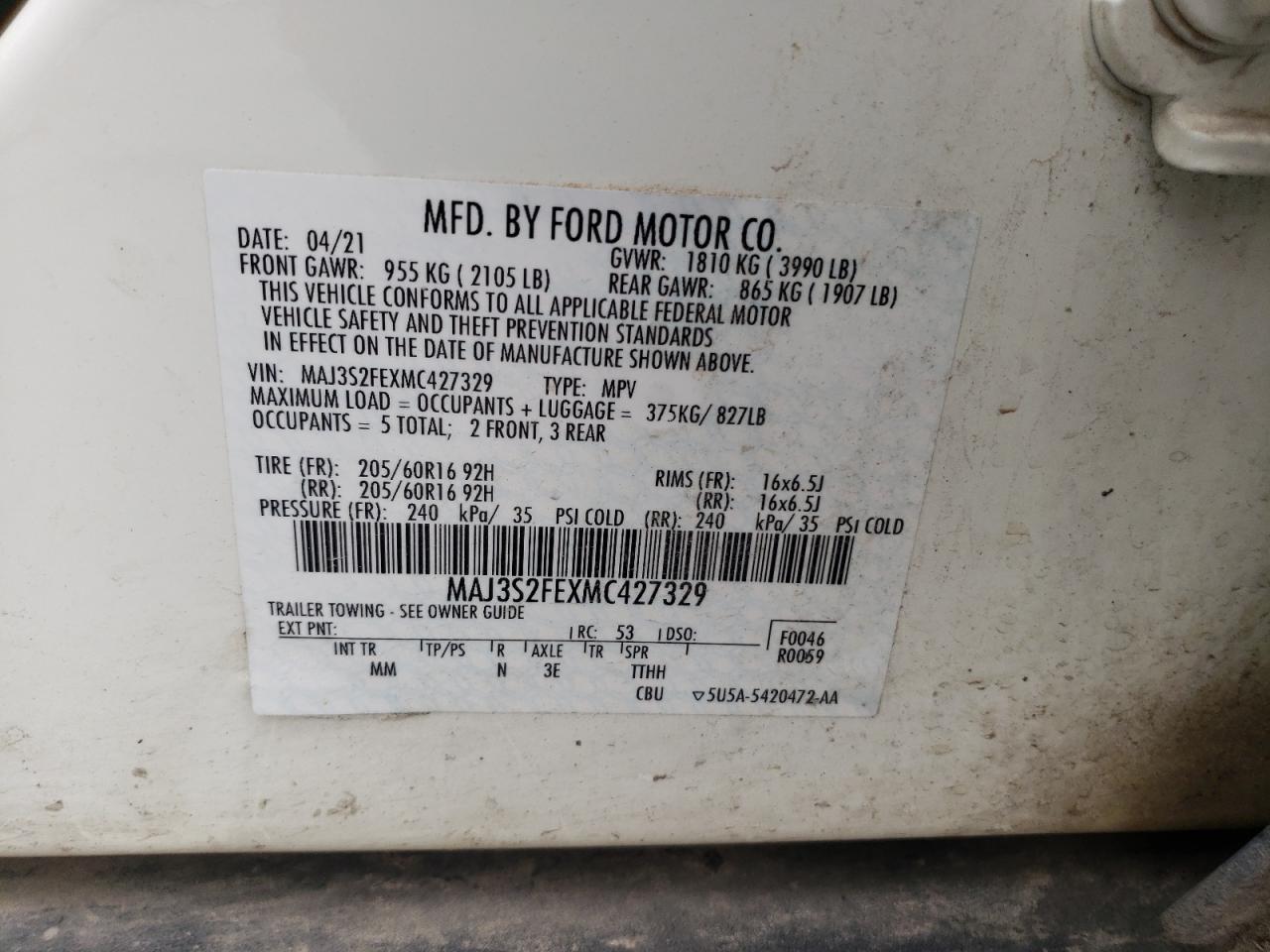 2021 Ford Ecosport S VIN: MAJ3S2FEXMC427329 Lot: 61694094