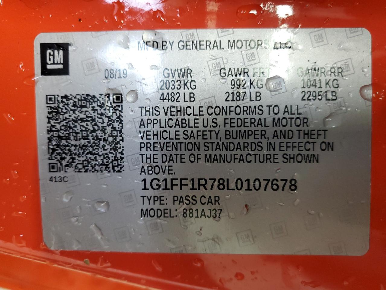 2020 Chevrolet Camaro Lz VIN: 1G1FF1R78L0107678 Lot: 61923724