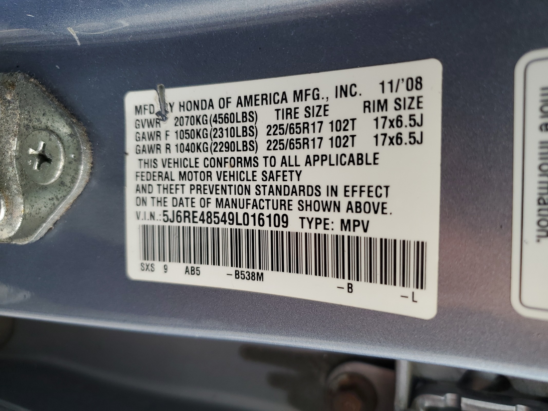 5J6RE48549L016109 2009 Honda Cr-V Ex