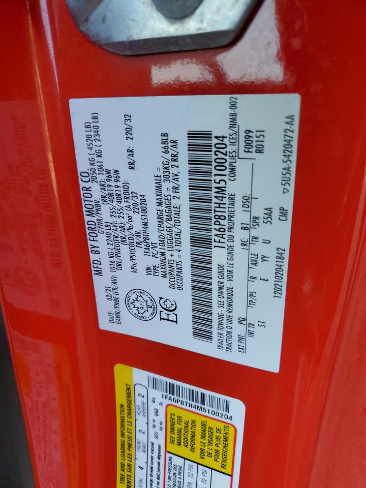 2021 Ford Mustang VIN: 1FA6P8TH4M5100204 Lot: 62304384