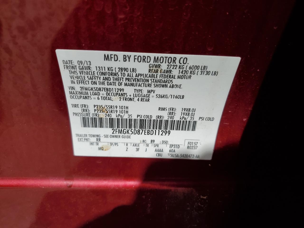 2014 Ford Flex Limited VIN: 2FMGK5D87EBD11299 Lot: 61650704