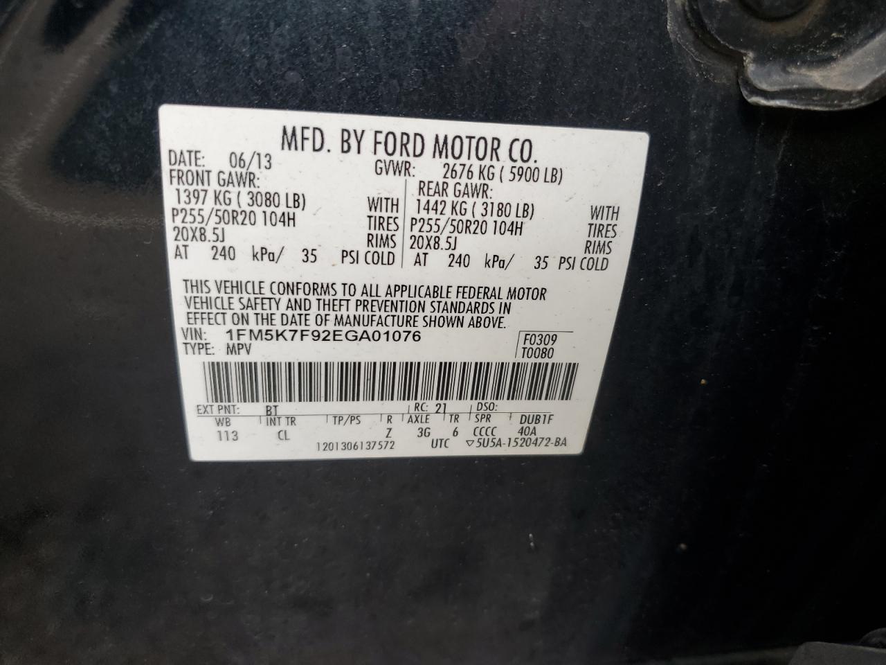 2014 Ford Explorer Limited VIN: 1FM5K7F92EGA01076 Lot: 64007204