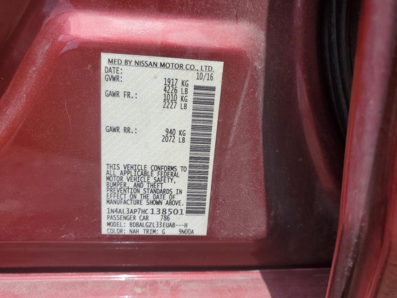 2017 Nissan Altima 2.5 VIN: 1N4AL3AP7HC138501 Lot: 61488884