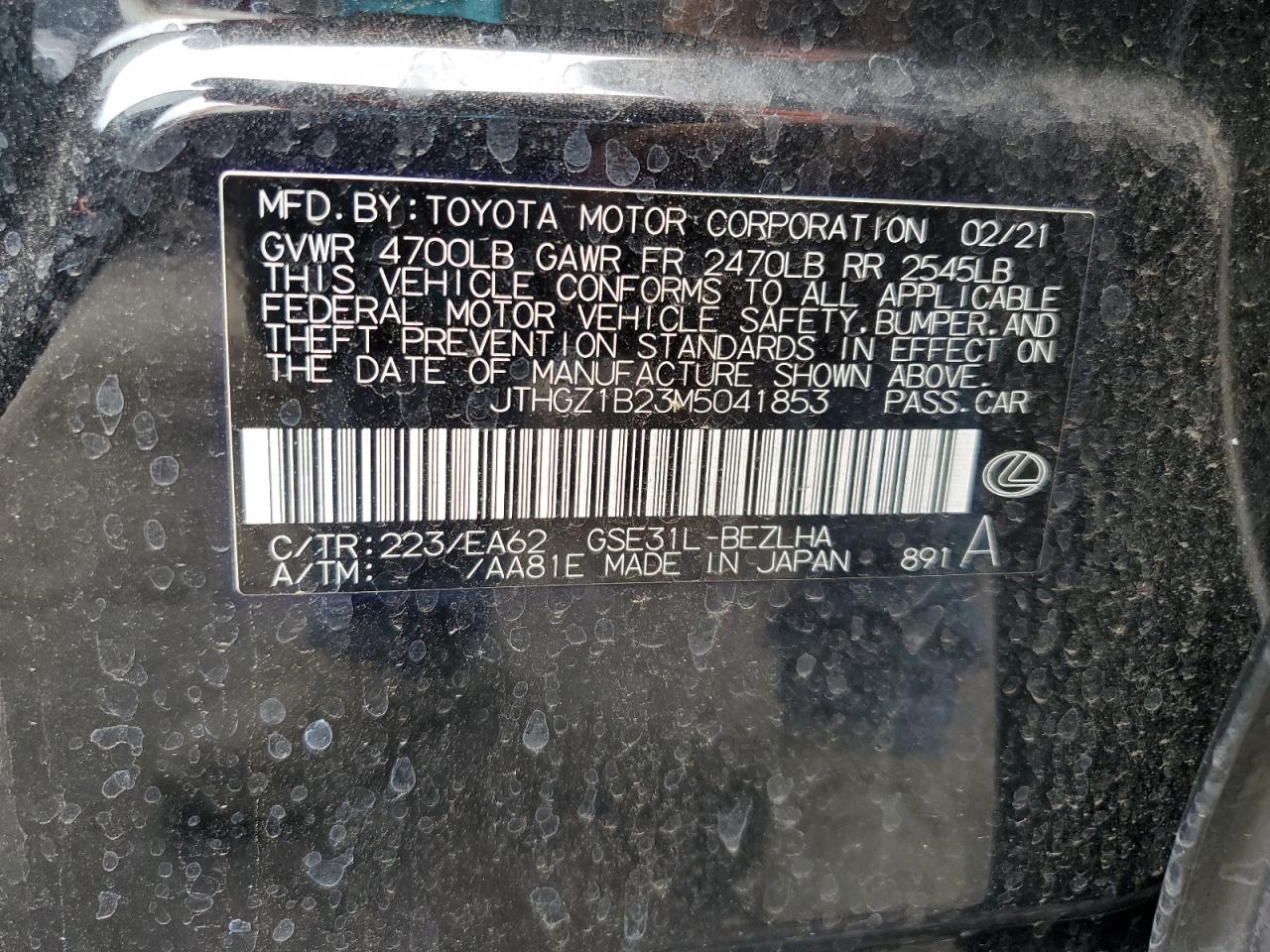 2021 Lexus Is 350 F-Sport VIN: JTHGZ1B23M5041853 Lot: 63242024