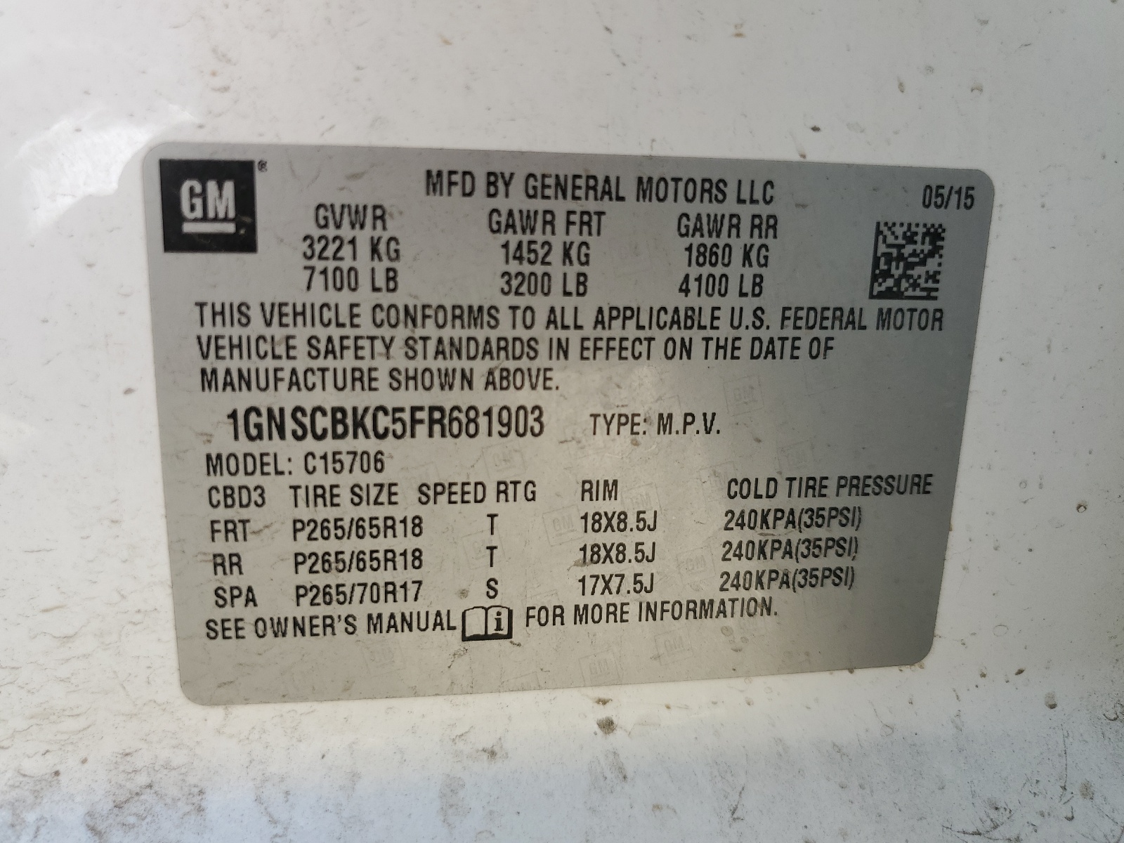 1GNSCBKC5FR681903 2015 Chevrolet Tahoe C1500 Lt