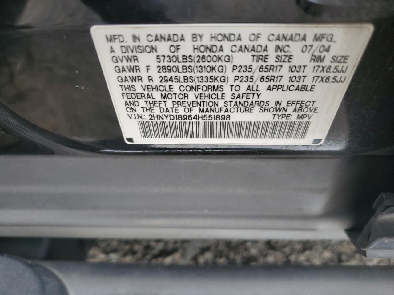 2004 Acura Mdx Touring VIN: 2HNYD18964H551898 Lot: 64747664