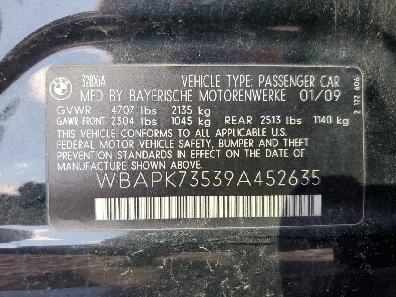 2009 BMW 328 Xi VIN: WBAPK73539A452635 Lot: 63074624