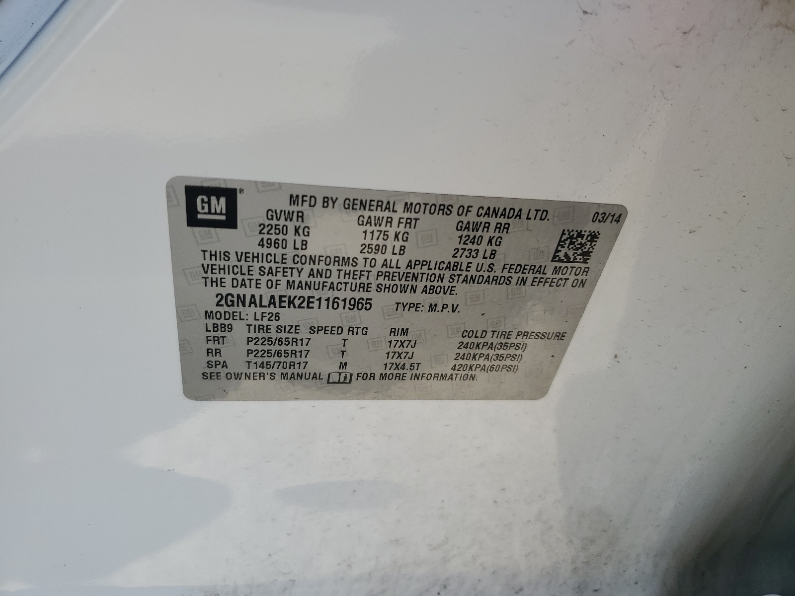 2GNALAEK2E1161965 2014 Chevrolet Equinox Ls