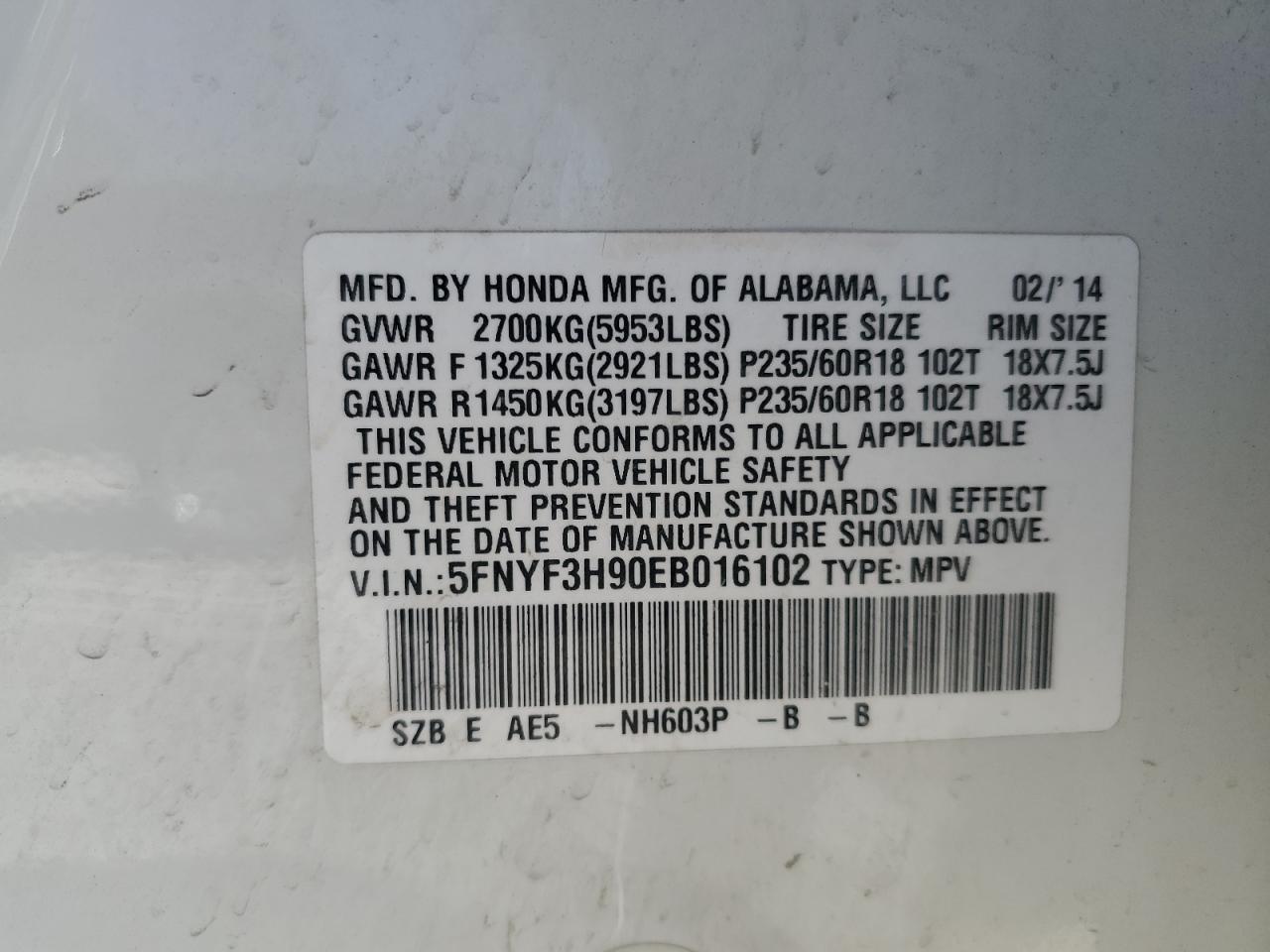 2014 Honda Pilot Touring VIN: 5FNYF3H90EB016102 Lot: 61798154