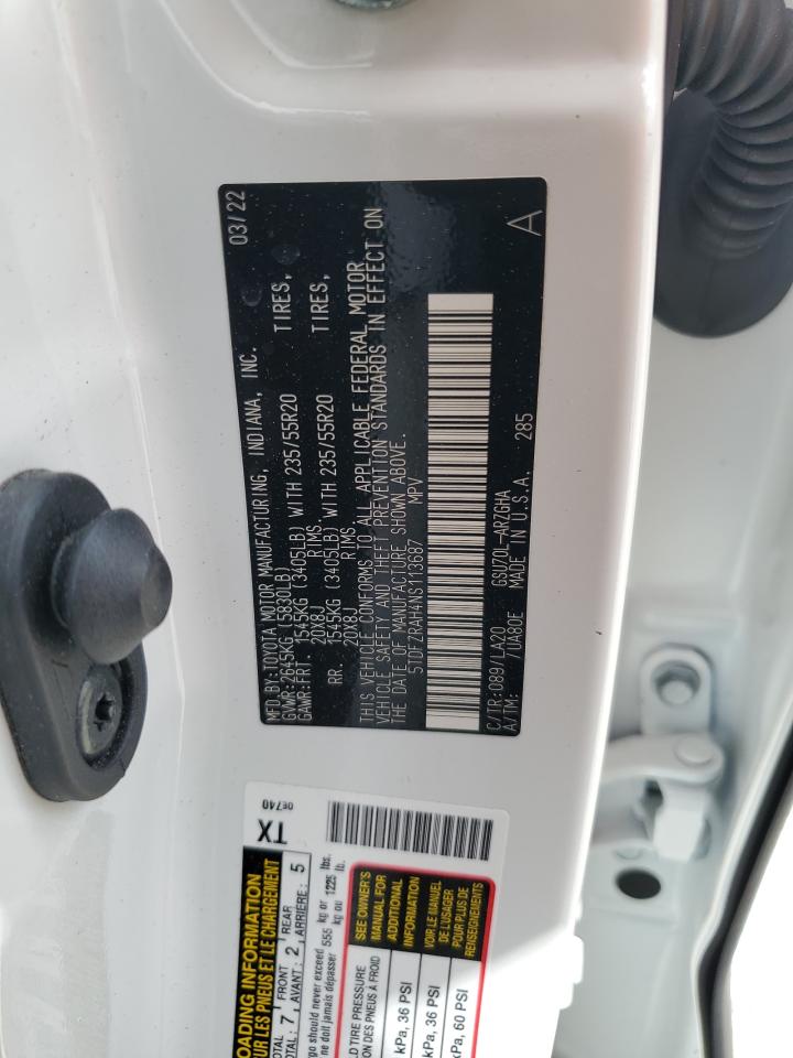 2022 Toyota Highlander Platinum VIN: 5TDFZRAH4NS113687 Lot: 64047274