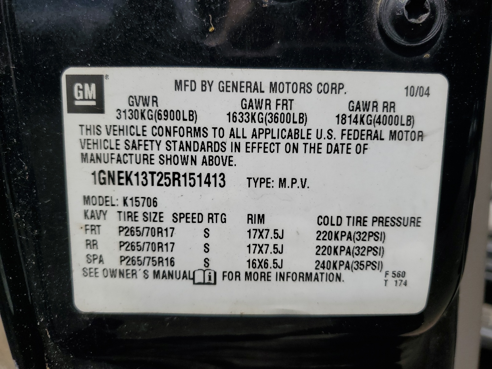 1GNEK13T25R151413 2005 Chevrolet Tahoe K1500