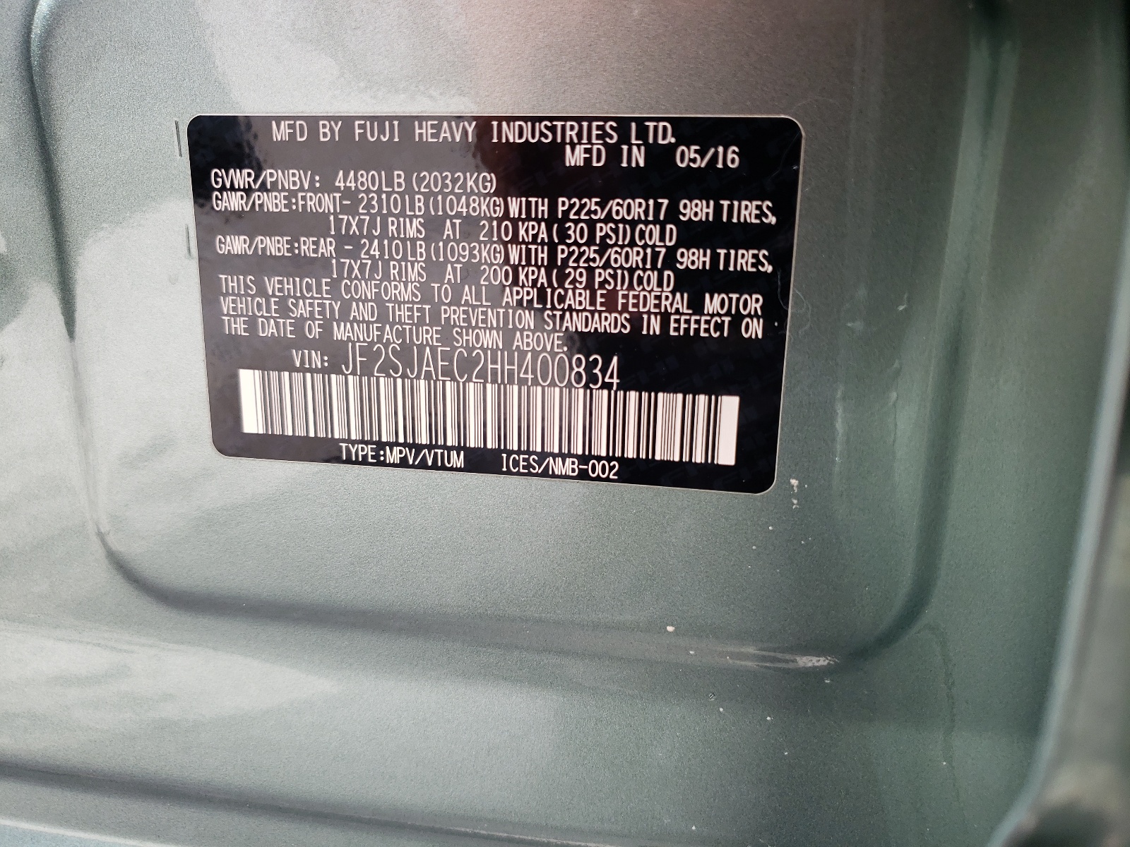 JF2SJAEC2HH400834 2017 Subaru Forester 2.5I Premium