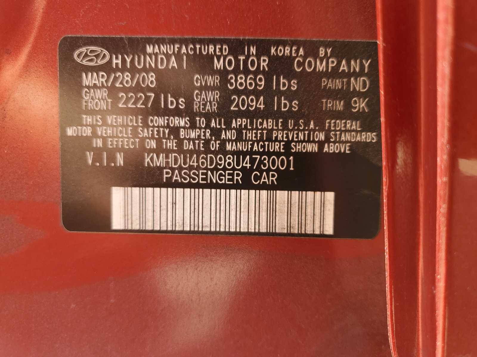 KMHDU46D98U473001 2008 Hyundai Elantra Gls