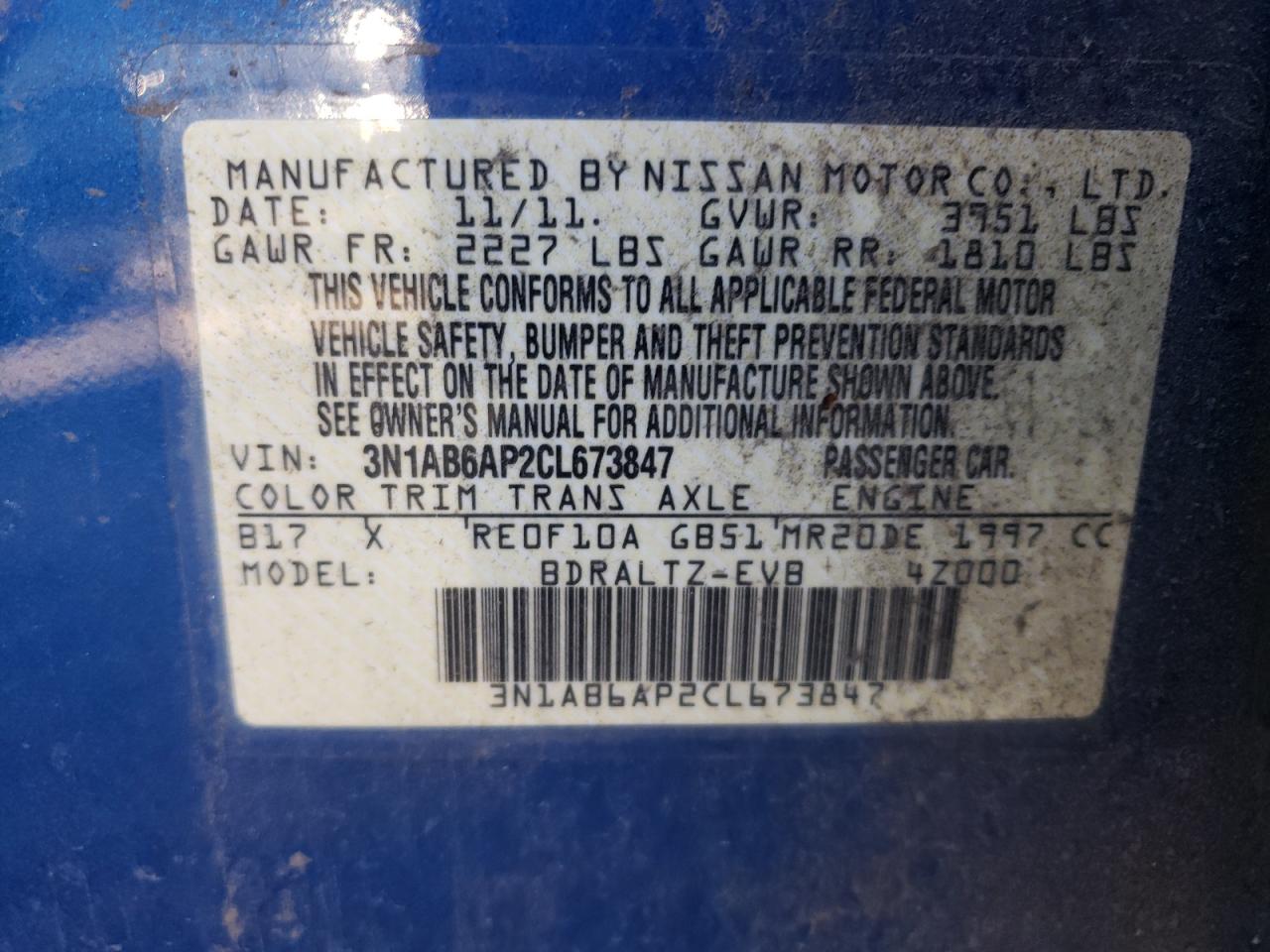 2012 Nissan Sentra 2.0 VIN: 3N1AB6AP2CL673847 Lot: 63077664