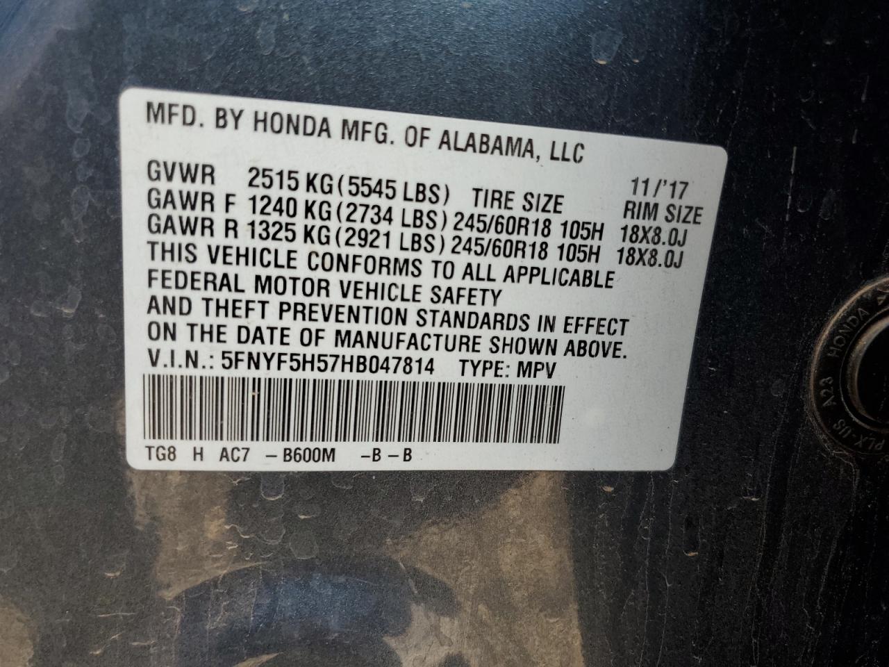 2017 Honda Pilot Exl VIN: 5FNYF5H57HB047814 Lot: 64048964