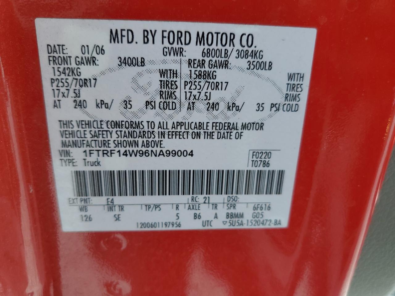 2006 Ford F150 VIN: 1FTRF14W96NA99004 Lot: 61939674