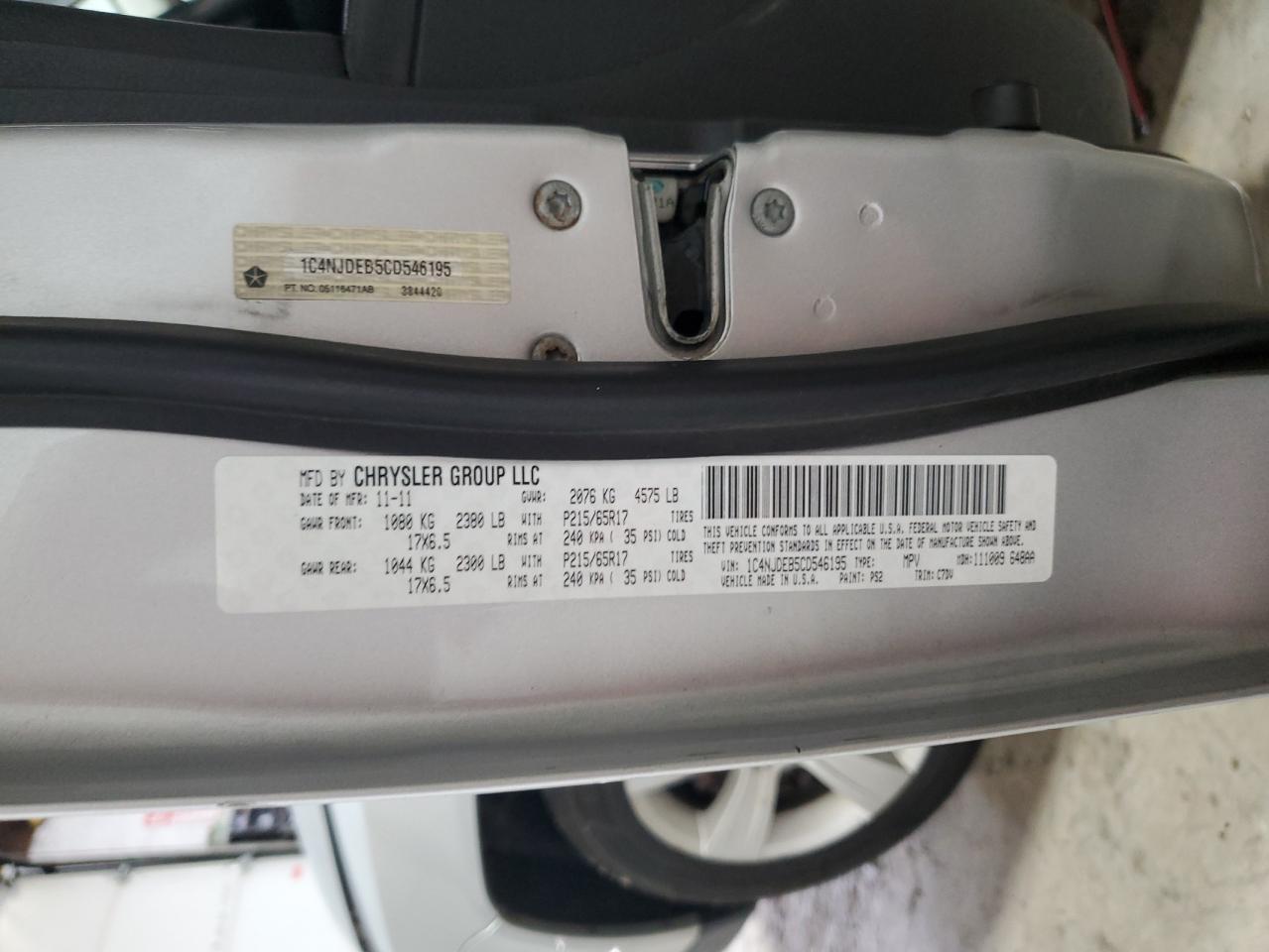 2012 Jeep Compass Latitude VIN: 1C4NJDEB5CD546195 Lot: 63795974