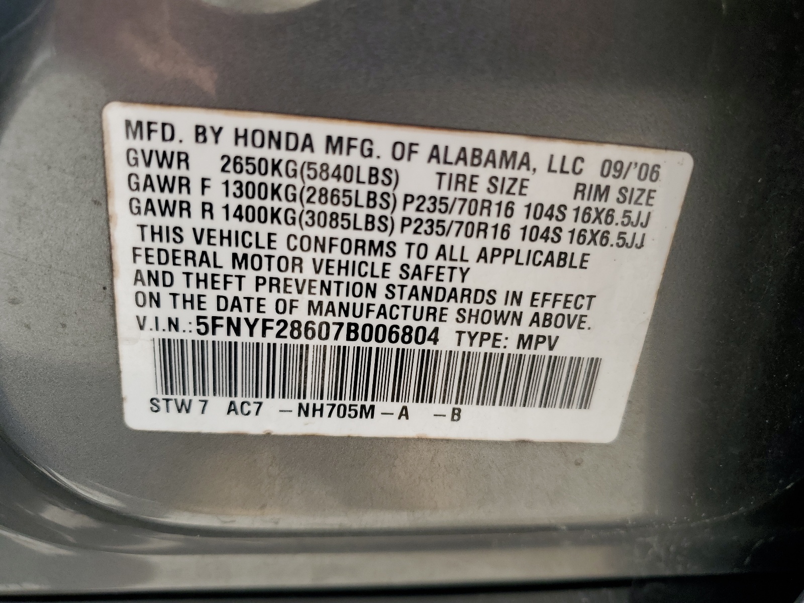 5FNYF28607B006804 2007 Honda Pilot Exl
