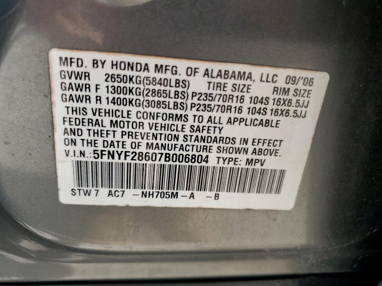 2007 Honda Pilot Exl VIN: 5FNYF28607B006804 Lot: 65654494