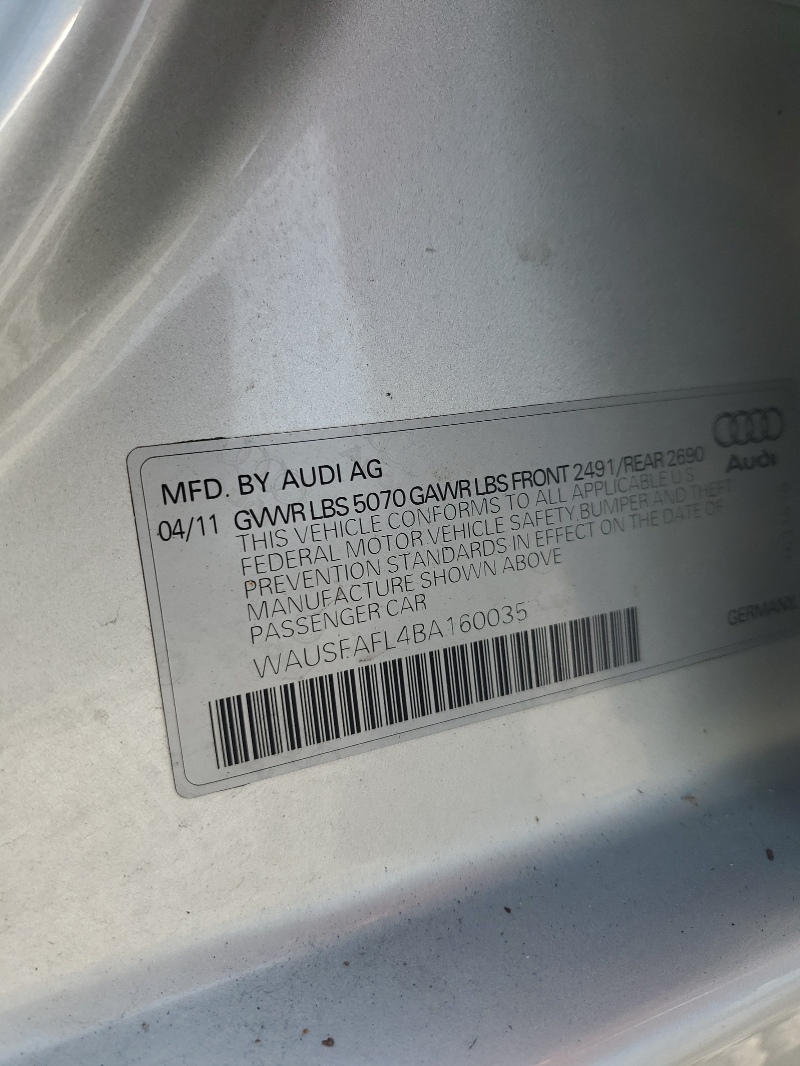 WAUSFAFL4BA160035 2011 Audi A4 Premium