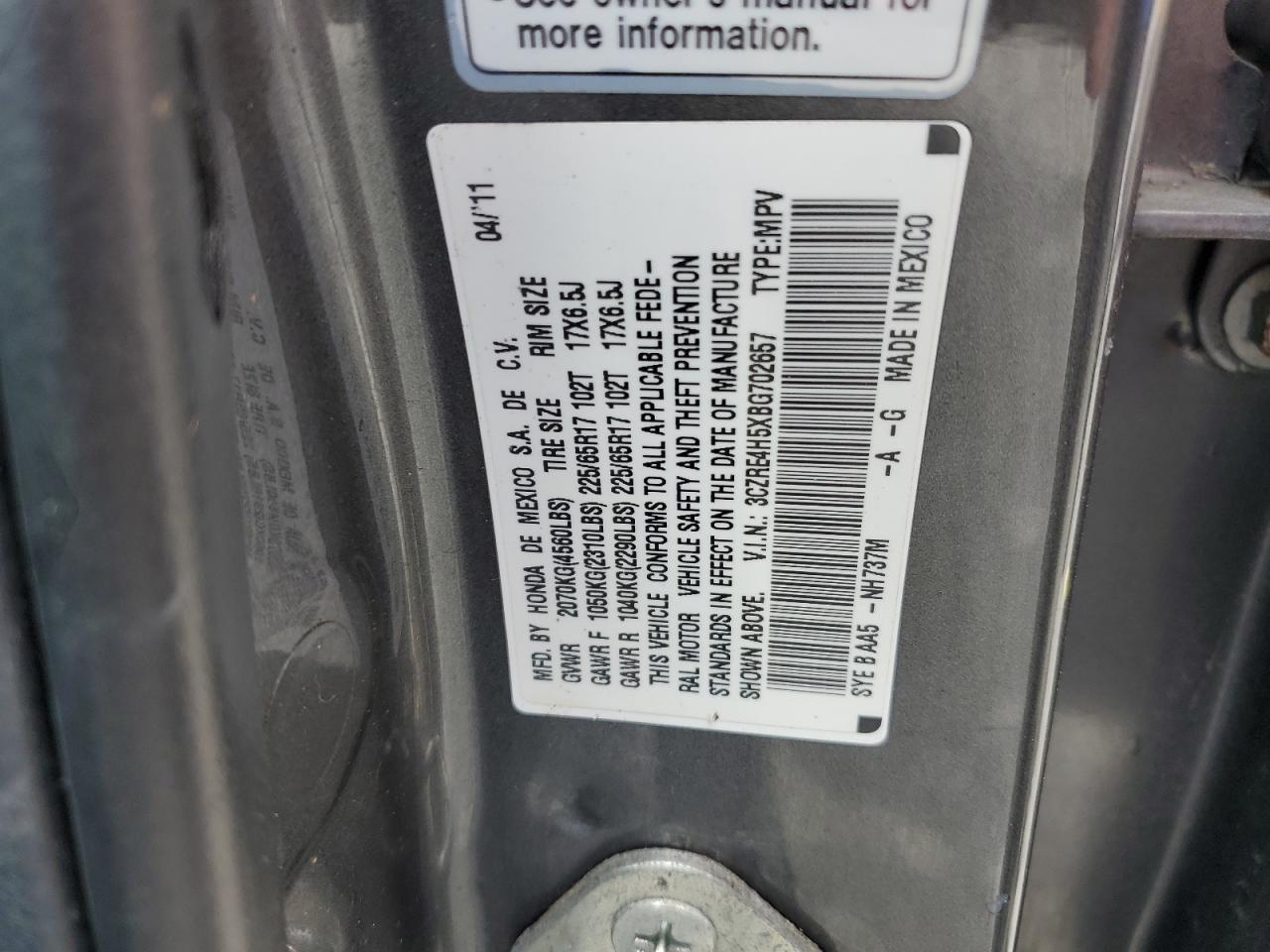 2011 Honda Cr-V Ex VIN: 3CZRE4HSXBG702657 Lot: 65522104