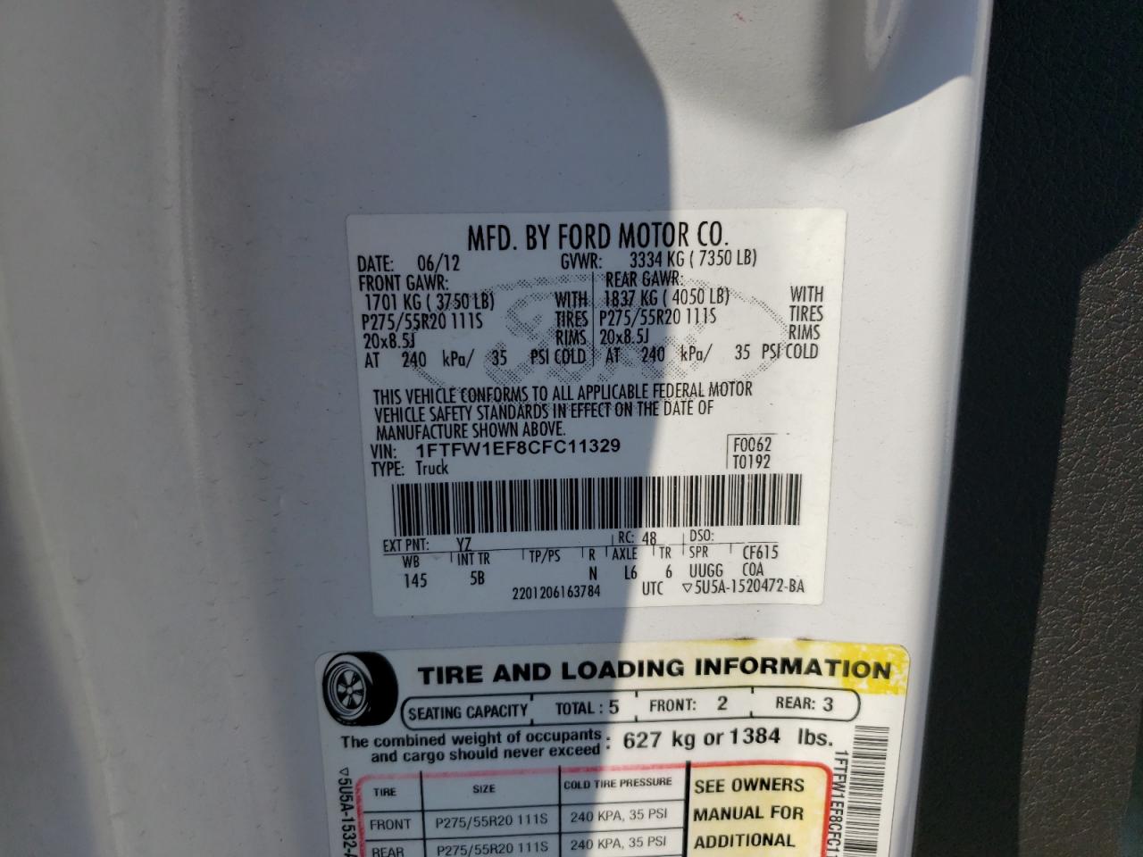 2012 Ford F150 Supercrew VIN: 1FTFW1EF8CFC11329 Lot: 64421454