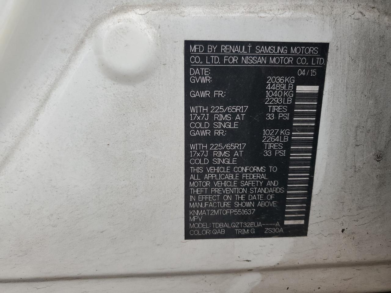 2015 Nissan Rogue S VIN: KNMAT2MT0FP551637 Lot: 64716434