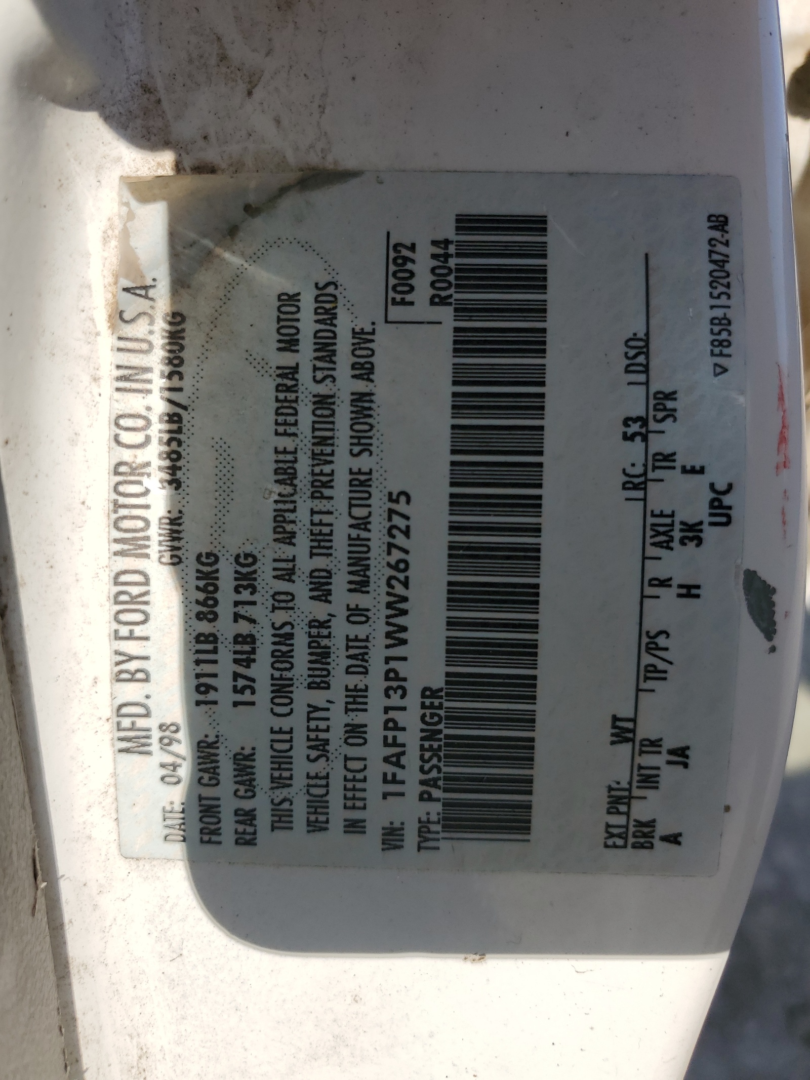 1FAFP13P1WW267275 1998 Ford Escort Se