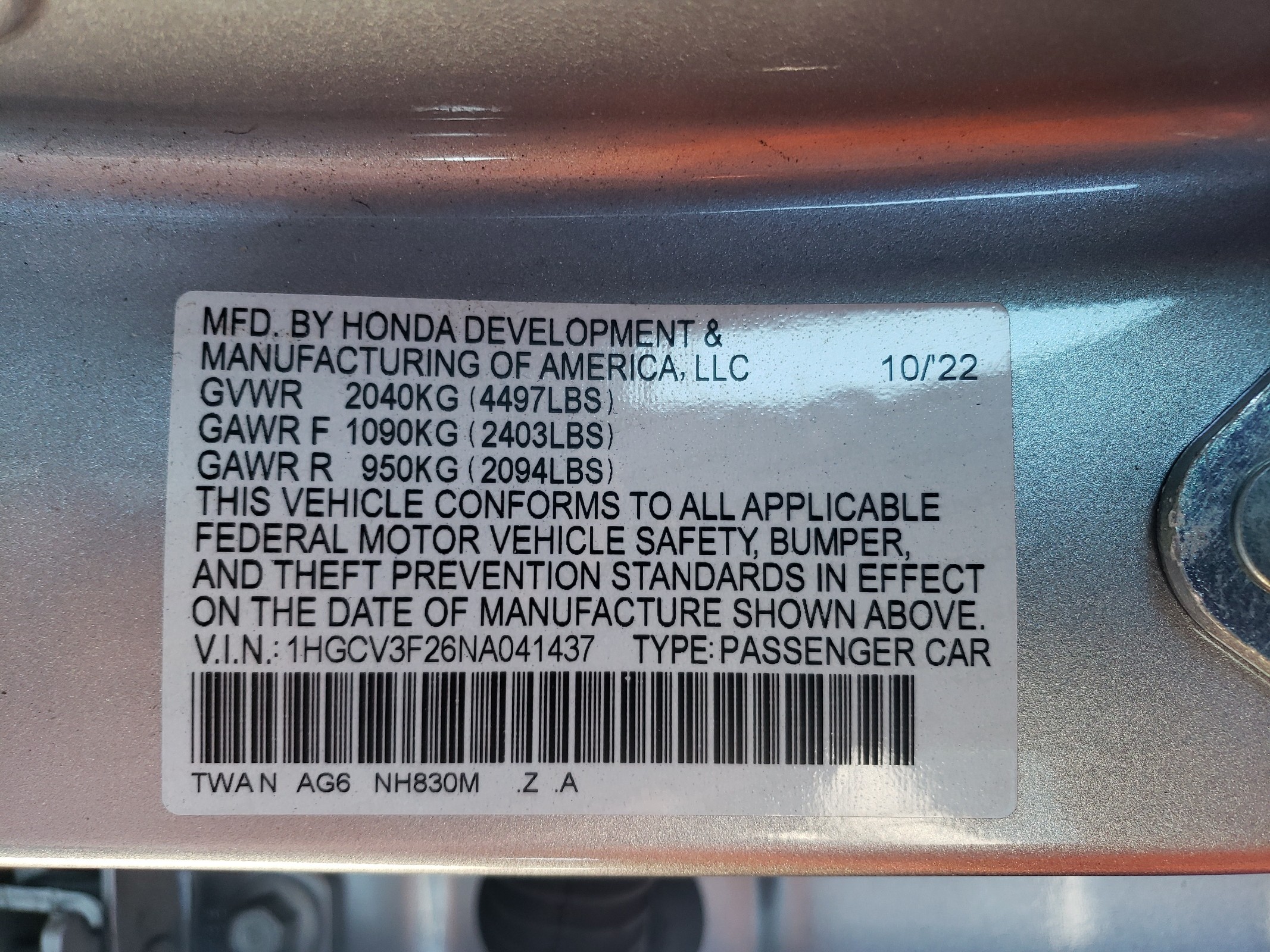 1HGCV3F26NA041437 2022 Honda Accord Hybrid Sport