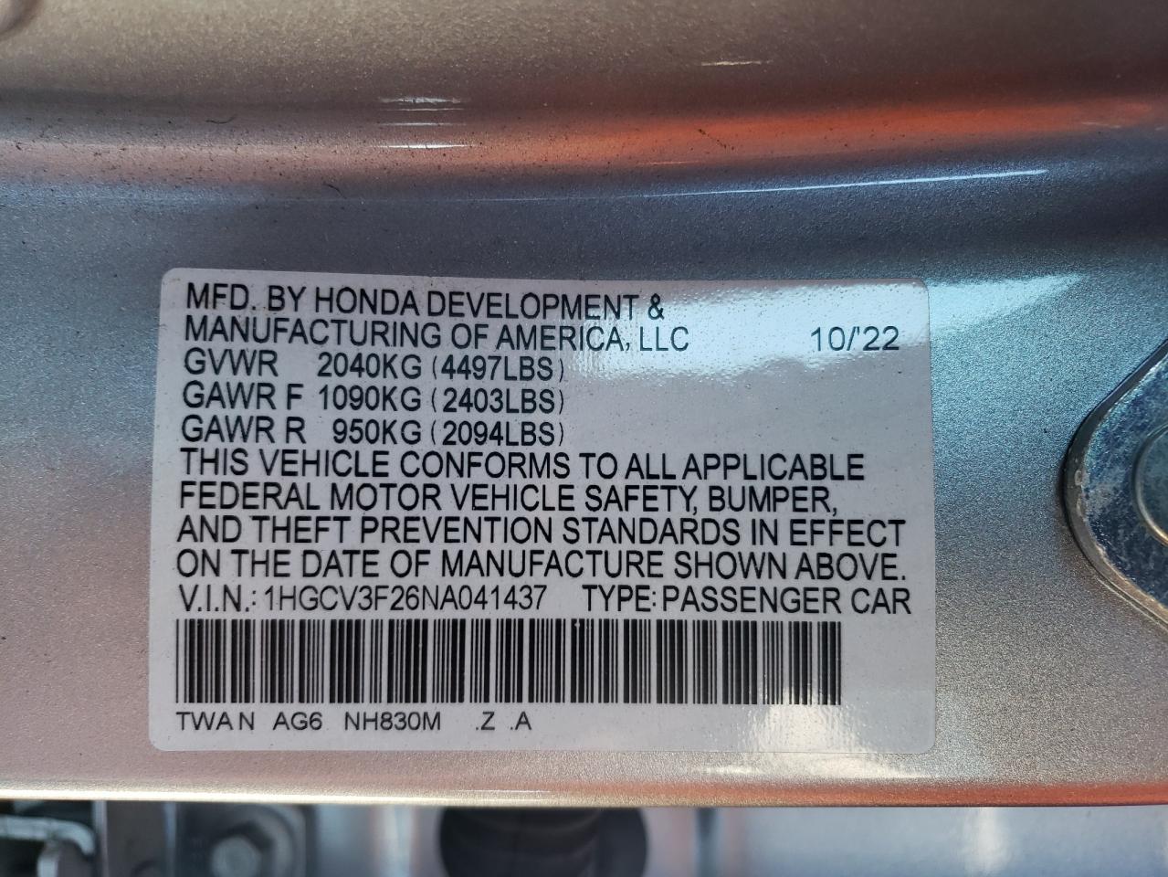 2022 Honda Accord Hybrid Sport VIN: 1HGCV3F26NA041437 Lot: 61902934