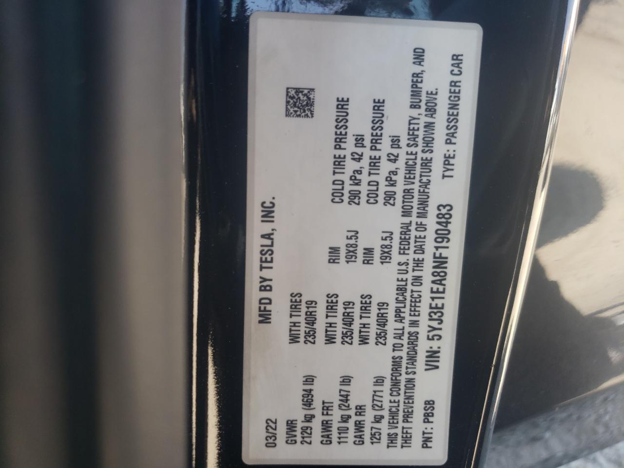 5YJ3E1EA8NF190483 2022 Tesla Model 3