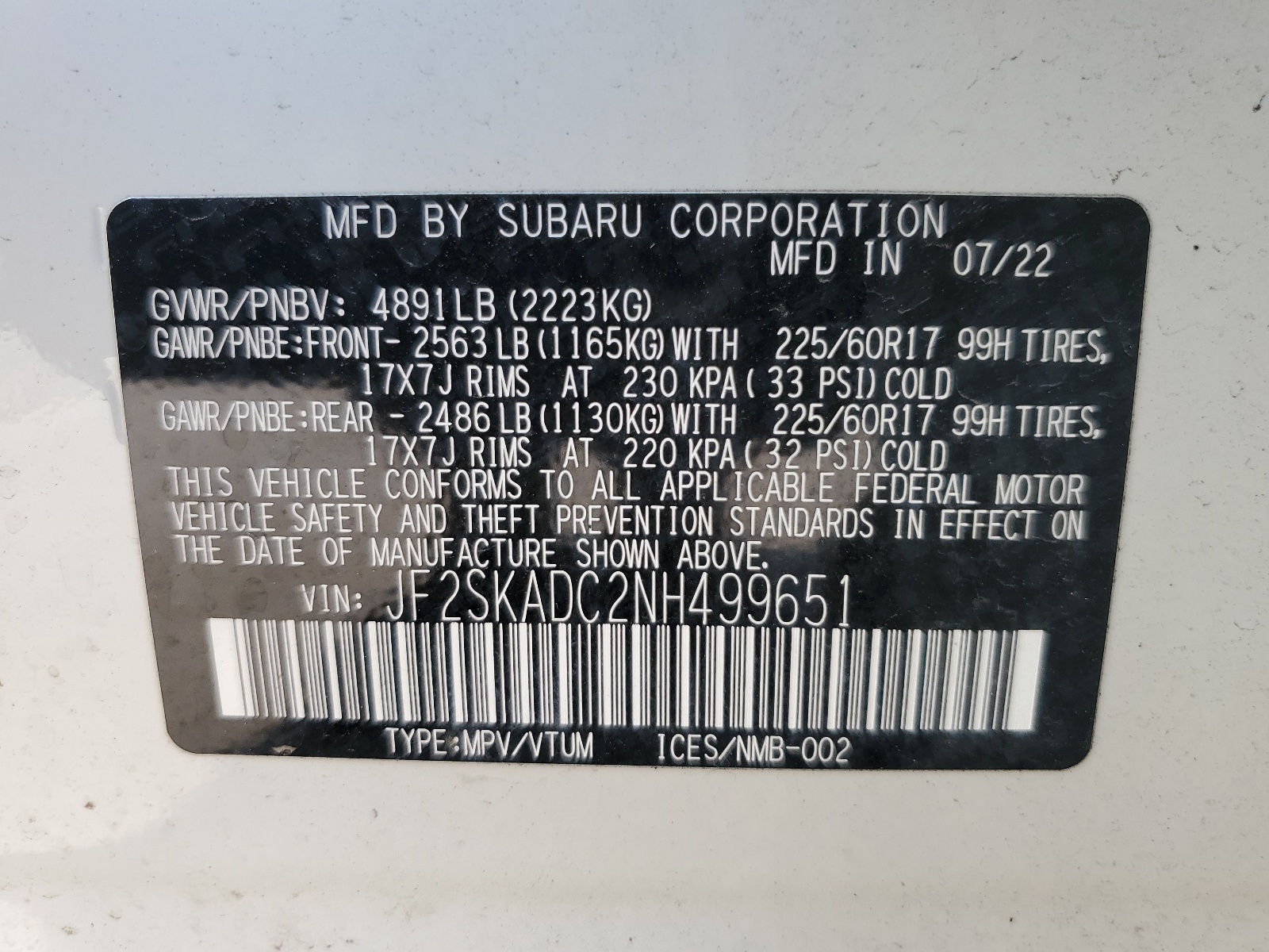 JF2SKADC2NH499651 2022 Subaru Forester Premium