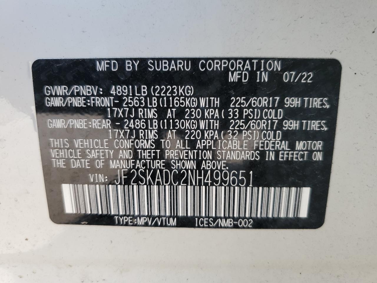 2022 Subaru Forester Premium VIN: JF2SKADC2NH499651 Lot: 62046154