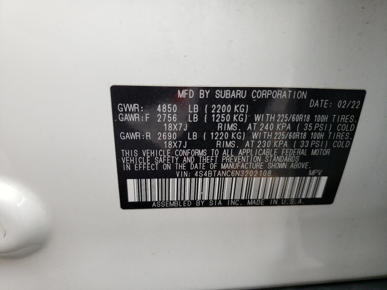 2022 Subaru Outback Limited VIN: 4S4BTANC6N3202108 Lot: 62014744