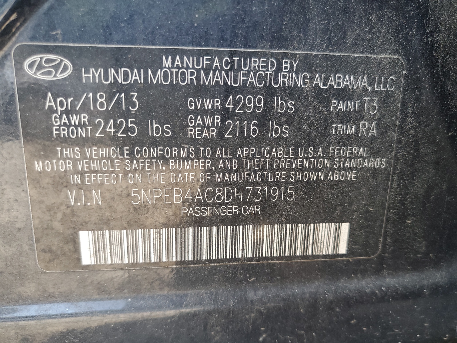 5NPEB4AC8DH731915 2013 Hyundai Sonata Gls