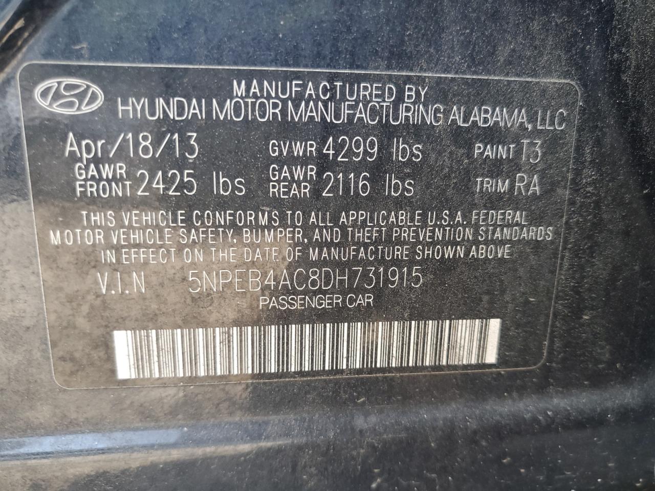 2013 Hyundai Sonata Gls VIN: 5NPEB4AC8DH731915 Lot: 62108794